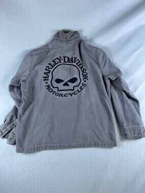 Harley Davidson Canvas Jacket Mens L Gray Skull Embroidered Flannel Lined Biker
